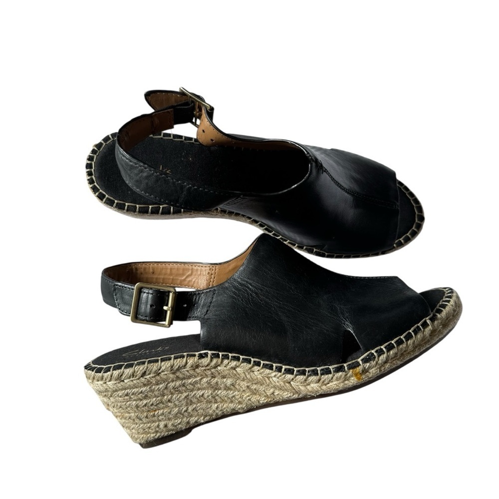Clark’s - Artisan Black Leather Espadrille Wedge Sandals Sz 9